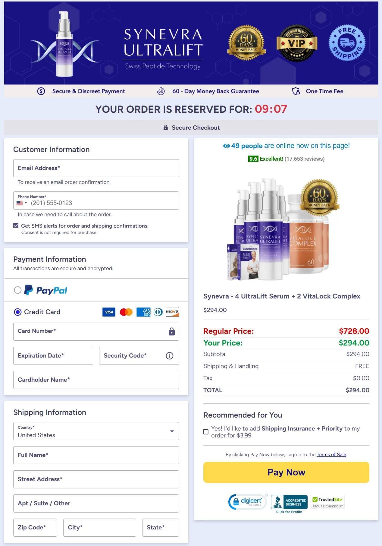 synevra ultraLift checkout order page
